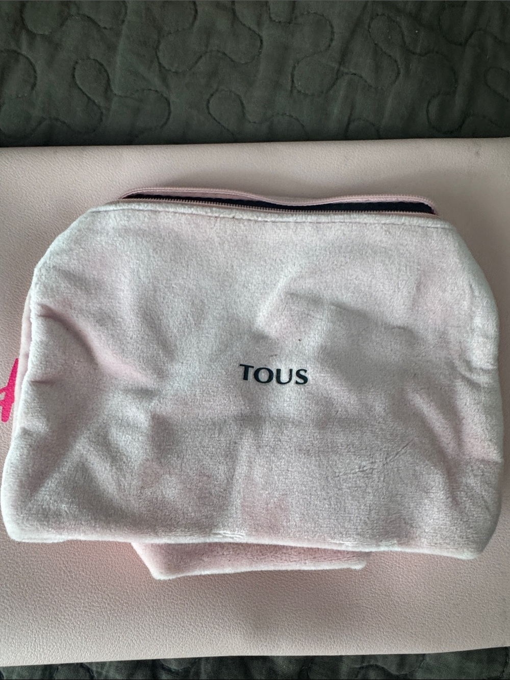 TOUS Pale Pink Velvet Makeup Pouch with Logo